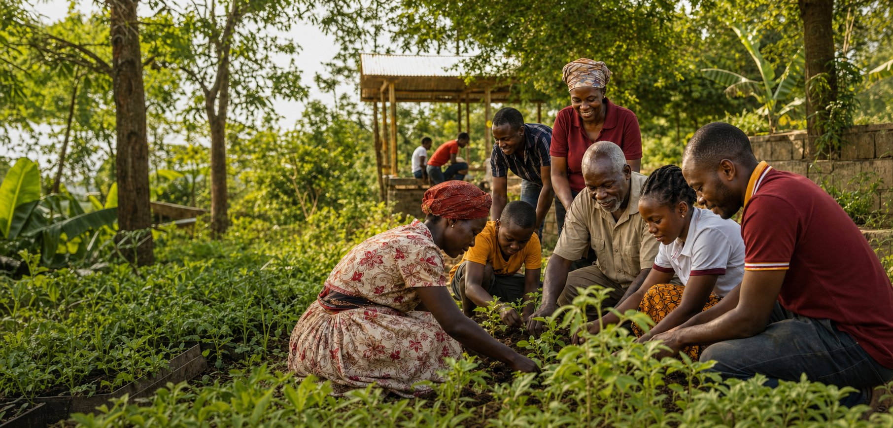 Community members plant seedlings together in a green Ugandan garden.