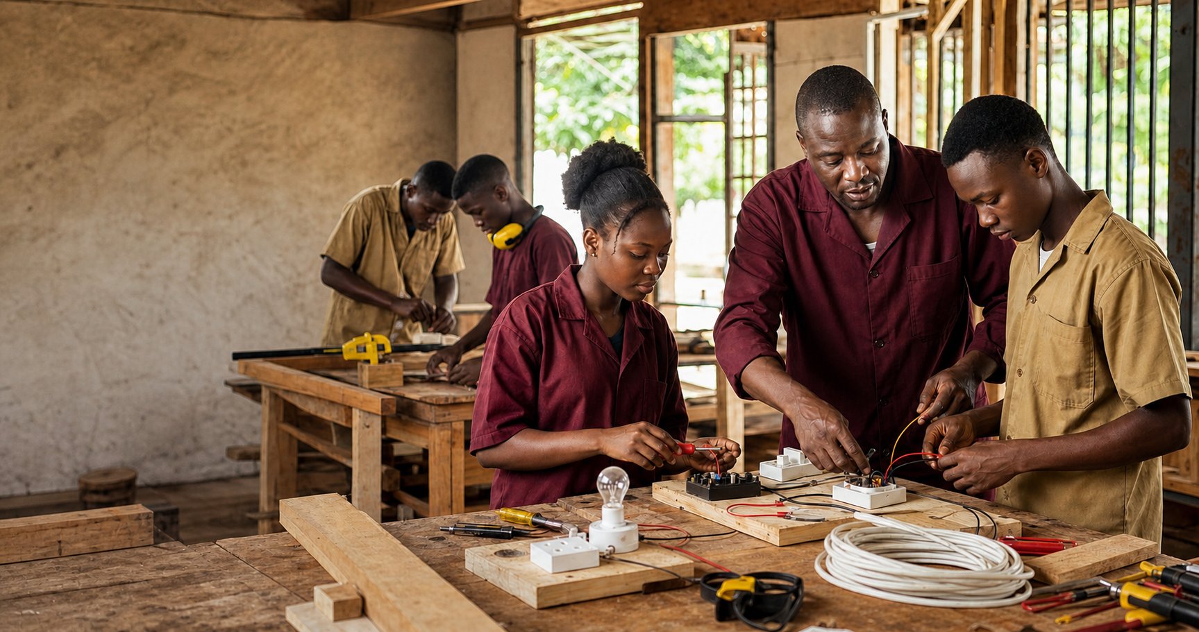 Young adults learn electrical installation skills with an instructor in a Ugandan workshop.